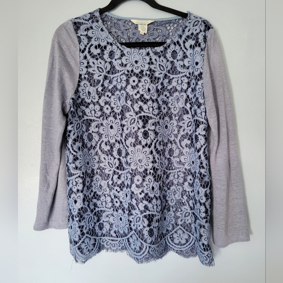Sundance Linen Blend Lace Long Sleeve Top Blue M - Picture 1 of 7